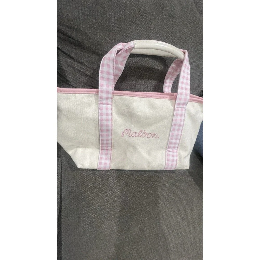 Malbon Golf Canvas Tote Bag Pink Gingham Cherry Embroidered Ivory Shopper Bag